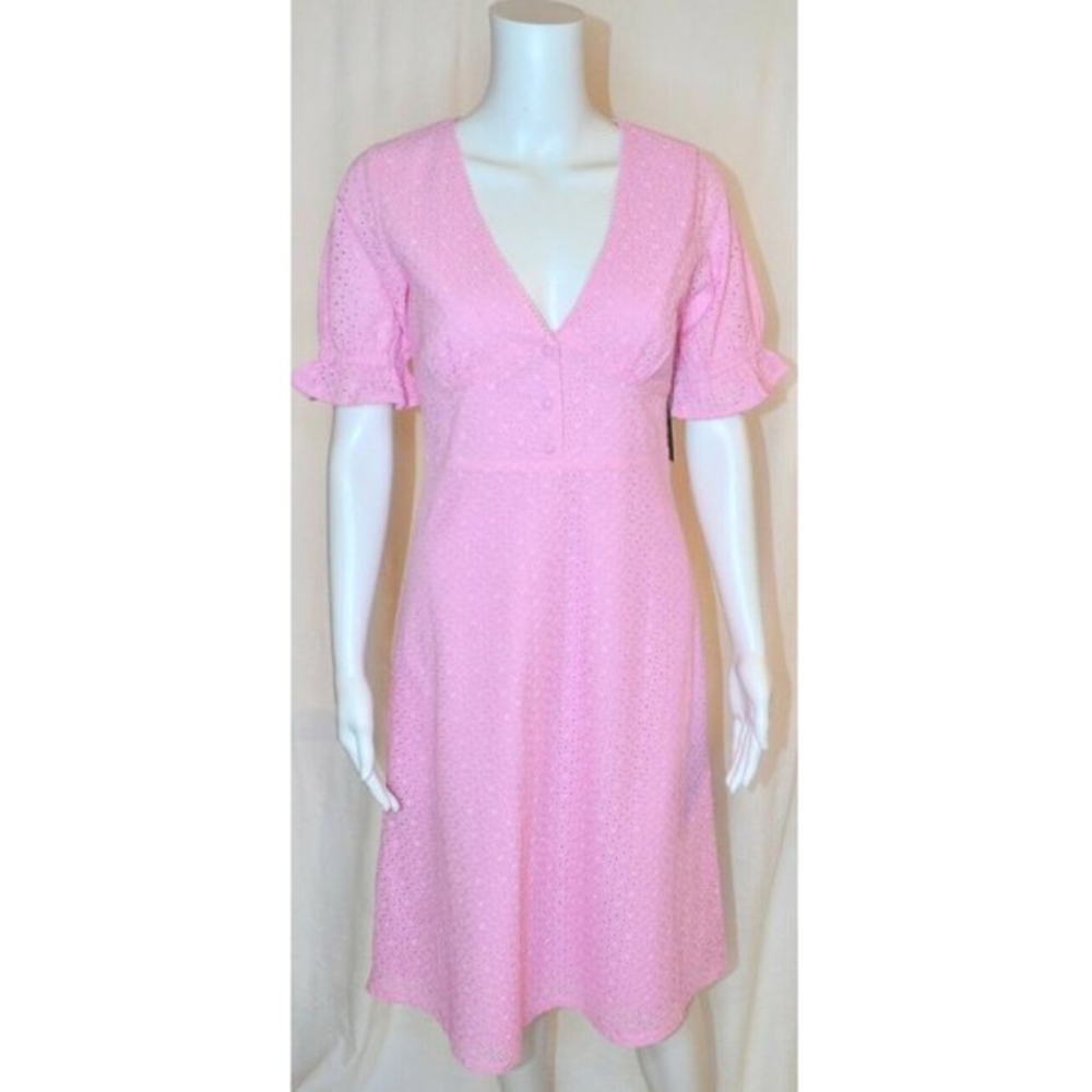 Lulu's Good To Be Me Eyelet Lace Midi Dress Ruffle Short Sleeve Pink Size S